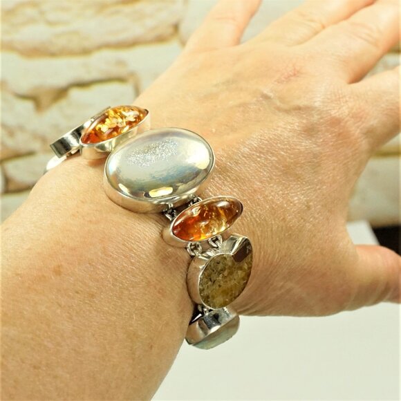 Rare Multi Stone 925 Silver Link Toggle Bracelet With Amber Ammonite Druzy MOP - Picture 5 of 16